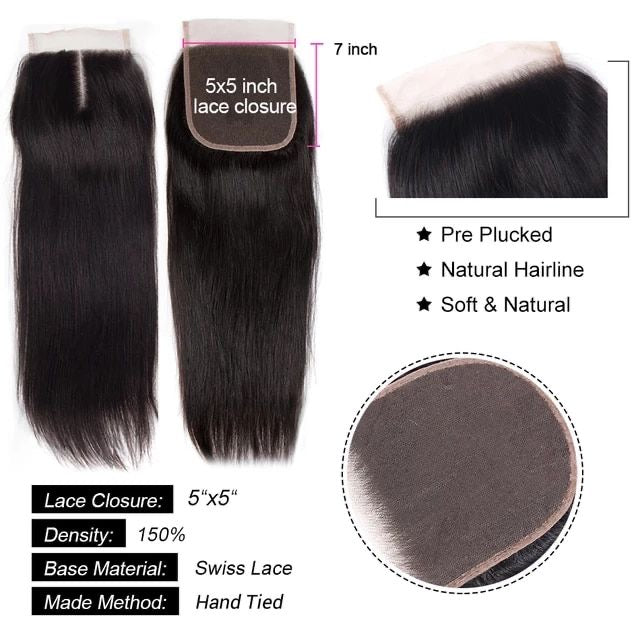 5x5 Transparent Lace Closure Straight
